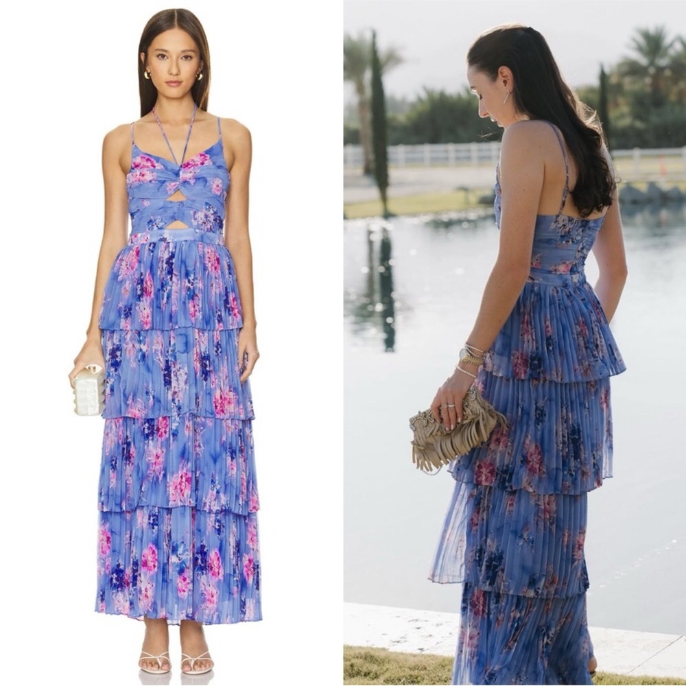 New ASTR Daytona Purple Floral Print Pleated Tiered Halter Maxi Dress Size XL - Picture 3 of 8